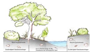Grafik aus der Serie "Tipps und Informationen für Gewässeranlieger" der Gemeinnützigen Fortbildungsgesellschaft für Wasserwirtschaft und Landschaftsentwicklung (GFG) mbH - Abbildung der Eigentumsverhältnisse am Gewässer